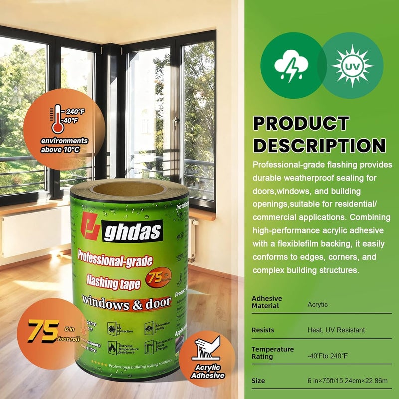 Bghdas Flashing Tape, 6" x 75', Industrial Strength for Windows, Doors, Weather-Resistant, UV-Resistant, Tear-Resistant, Advanced Acrylic Adhesive, Black - Image 3
